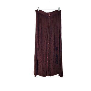 Vintage Embroidered Brown Rayon Button Front Midi Skirt